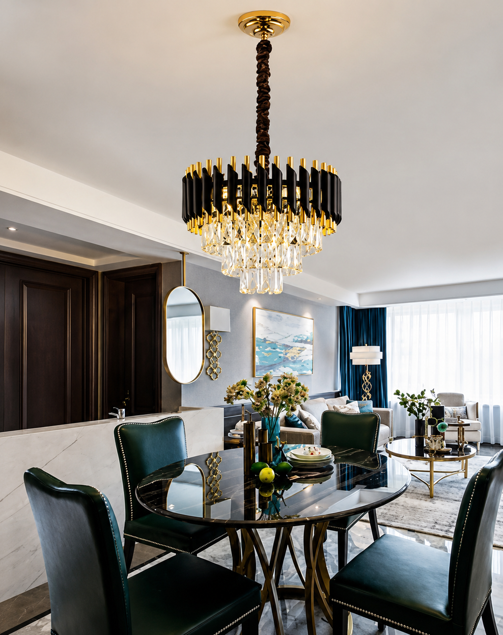 Glintac Gold Black Tube Stainless Steel Crystal Pendant Chandelier Ceiling Lights - 3 Colour Changing (400mm)