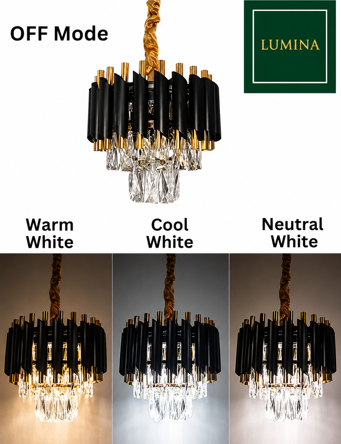 Glintac Gold Black Tube Stainless Steel Crystal Pendant Chandelier Ceiling Lights - 3 Colour Changing (300MM)