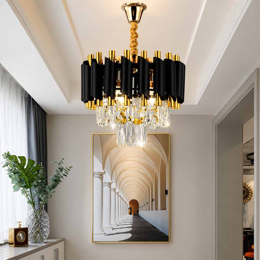 Glintac Gold Black Tube Stainless Steel Crystal Pendant Chandelier Ceiling Lights - 3 Colour Changing (300MM)