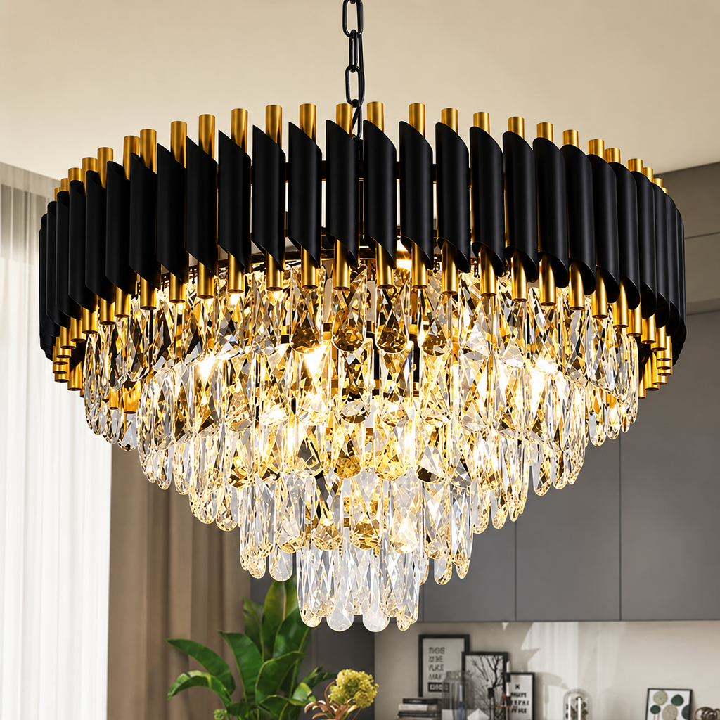 Glintac Gold Black Tube Stainless Steel K9 Crystal Pendant Chandelier Ceiling Lights - 3 Colour Changing (600MM)