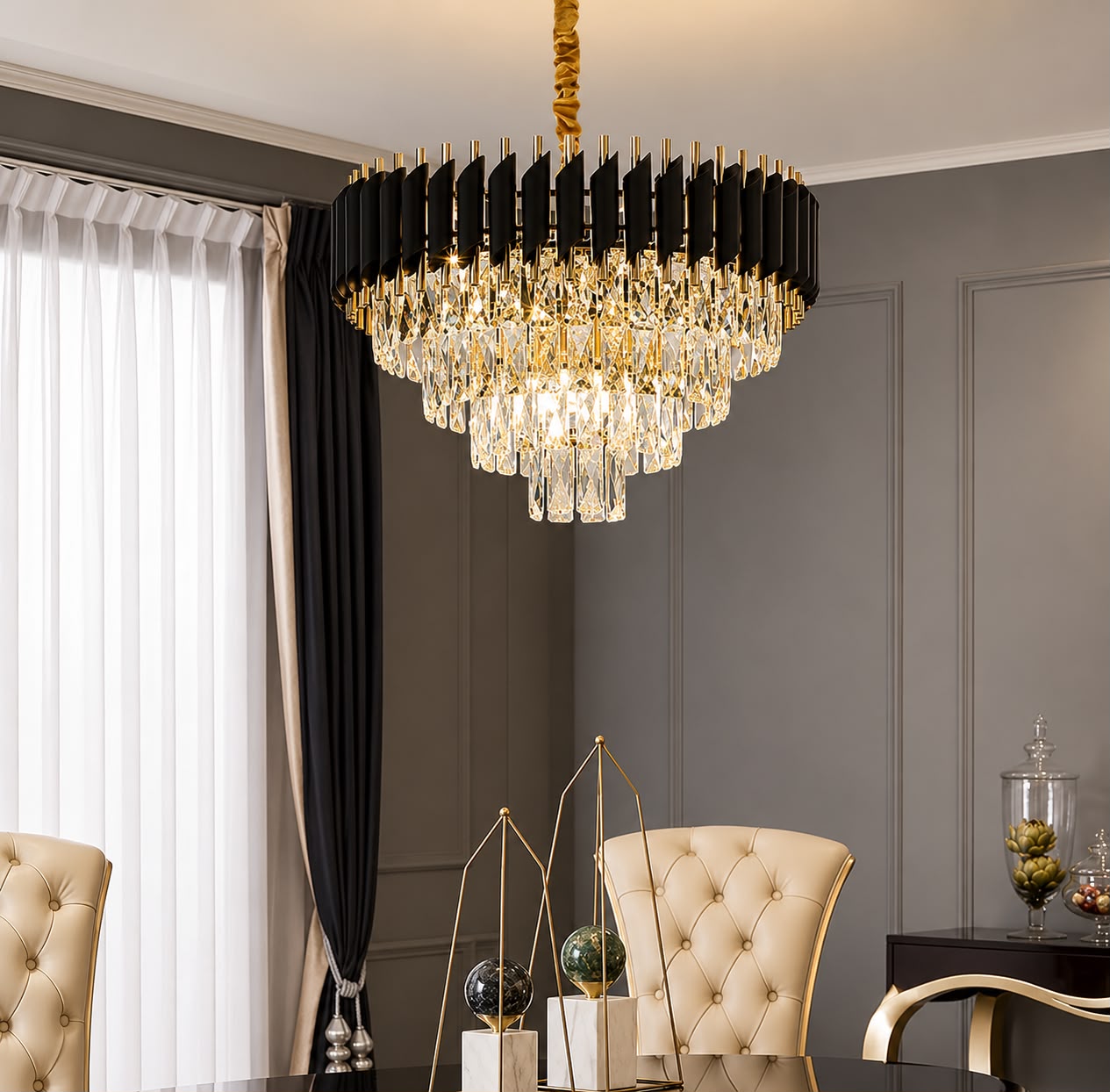 Glintac Gold Black Tube Stainless Steel K9 Crystal Pendant Chandelier Ceiling Lights - 3 Colour Changing (600MM)