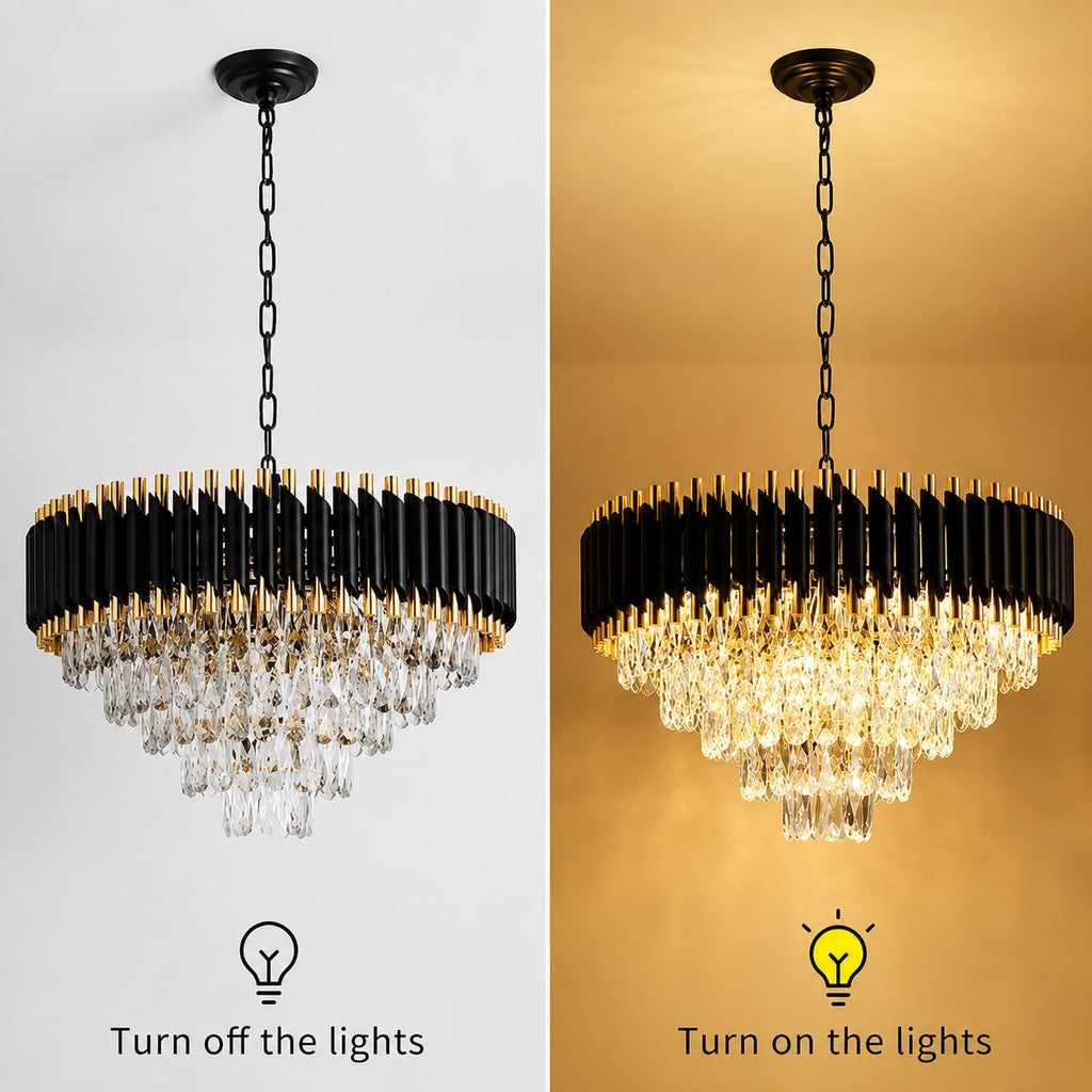 Glintac Gold Black Tube Stainless Steel K9 Crystal Pendant Chandelier Ceiling Lights - 3 Colour Changing (600MM)