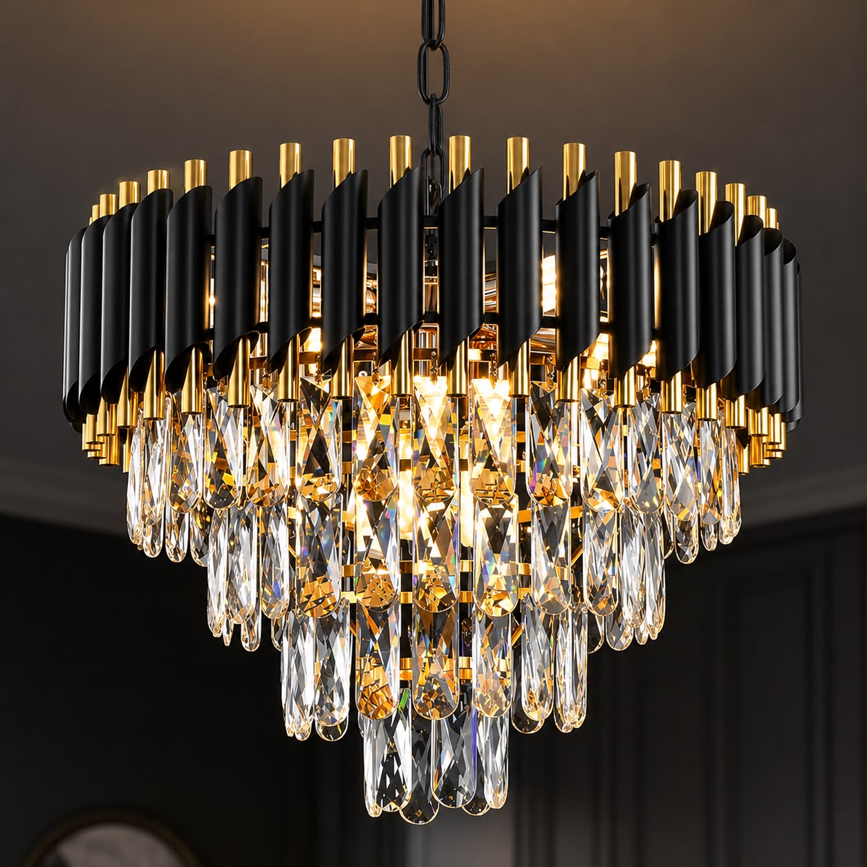 LUMINA Gold Black Tube Stainless Steel Crystal Pendant Chandelier Ceiling Lights - 3 Colour Changing (500mm)
