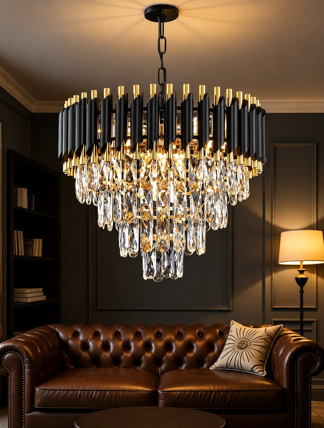 LUMINA Gold Black Tube Stainless Steel Crystal Pendant Chandelier Ceiling Lights - 3 Colour Changing (500mm)